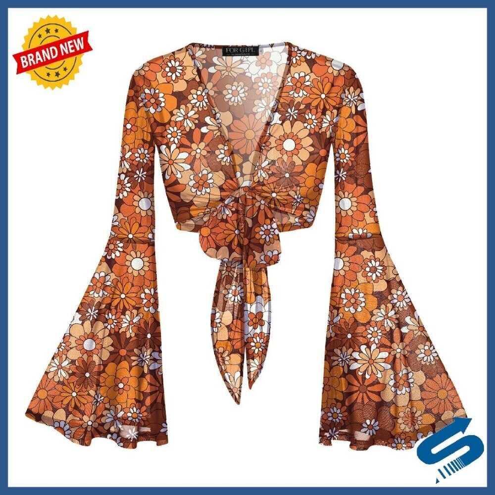 Sheer Mesh Bell Sleeve Tie Front Crop Top Floral Print Festival Top